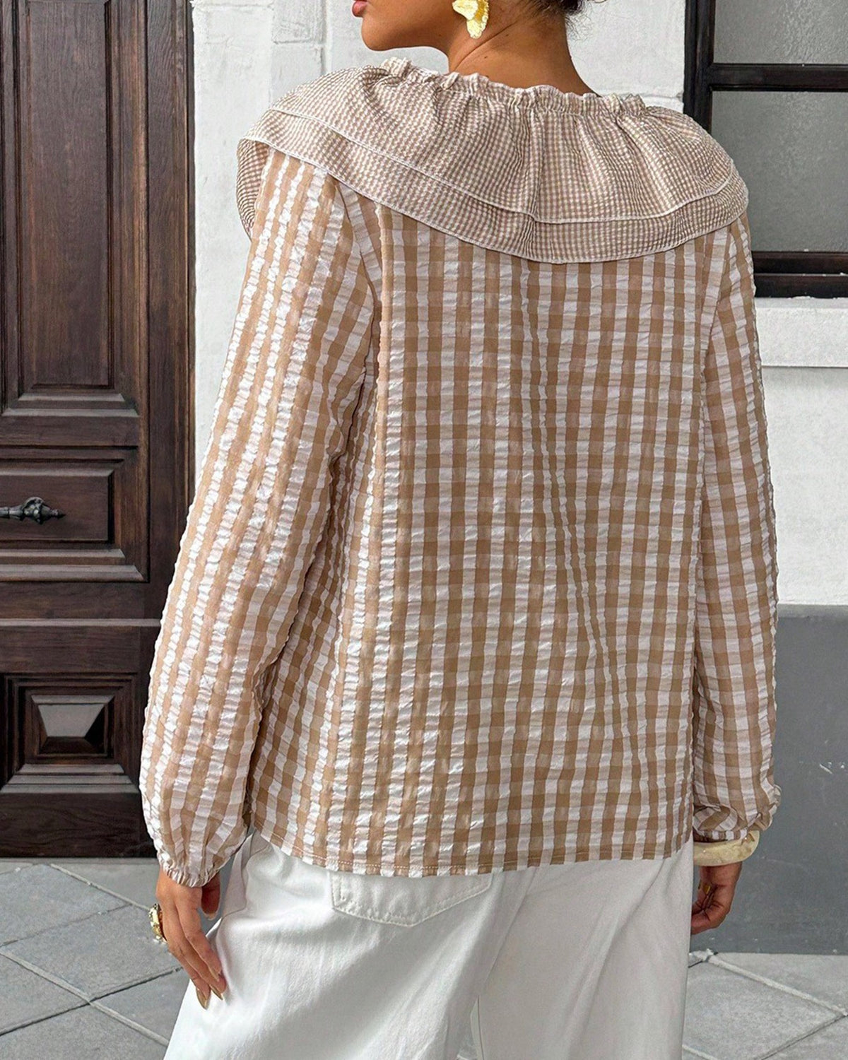Plaid Check Ruffle Collar V Neck Blouse - Khaki - 2