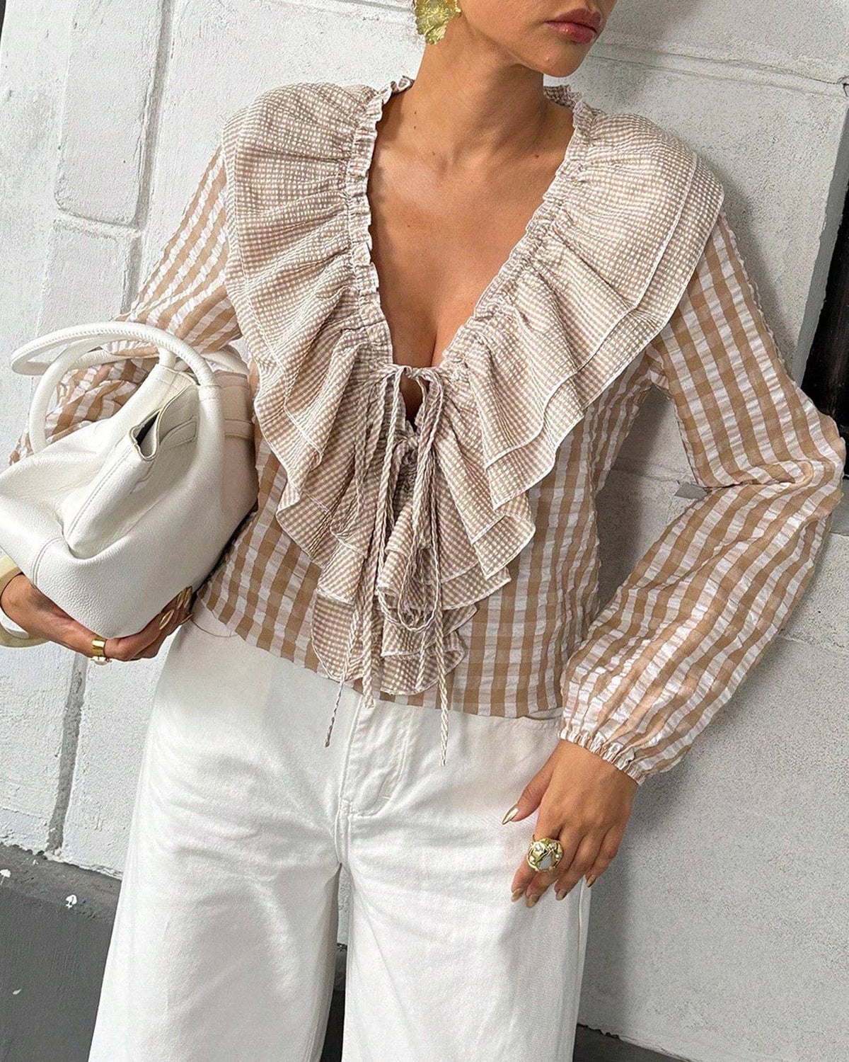 Plaid Check Ruffle Collar V Neck Blouse