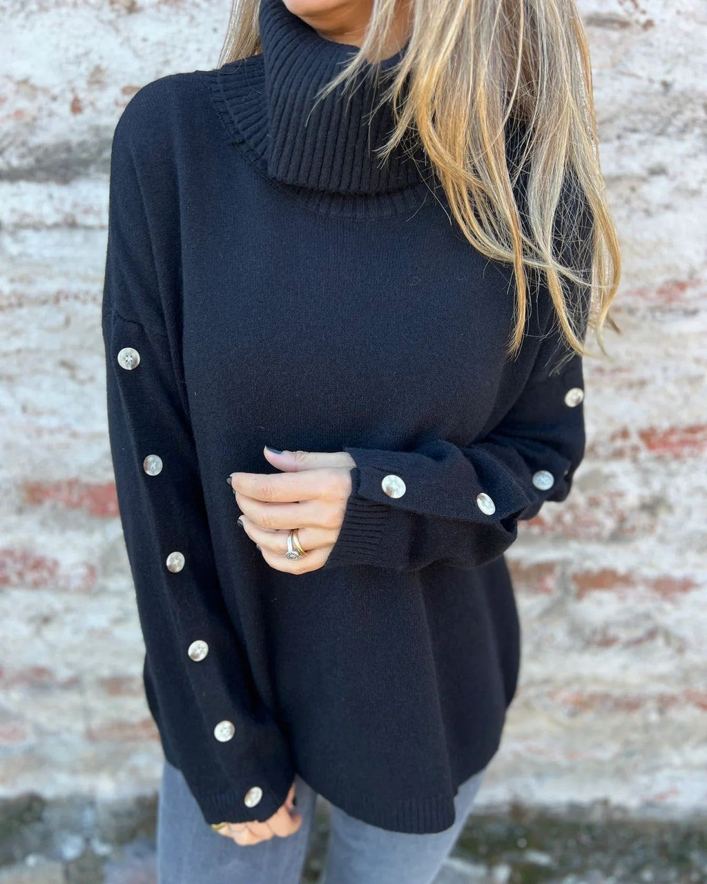 Button Sleeve Turtleneck Knit Sweater - Black