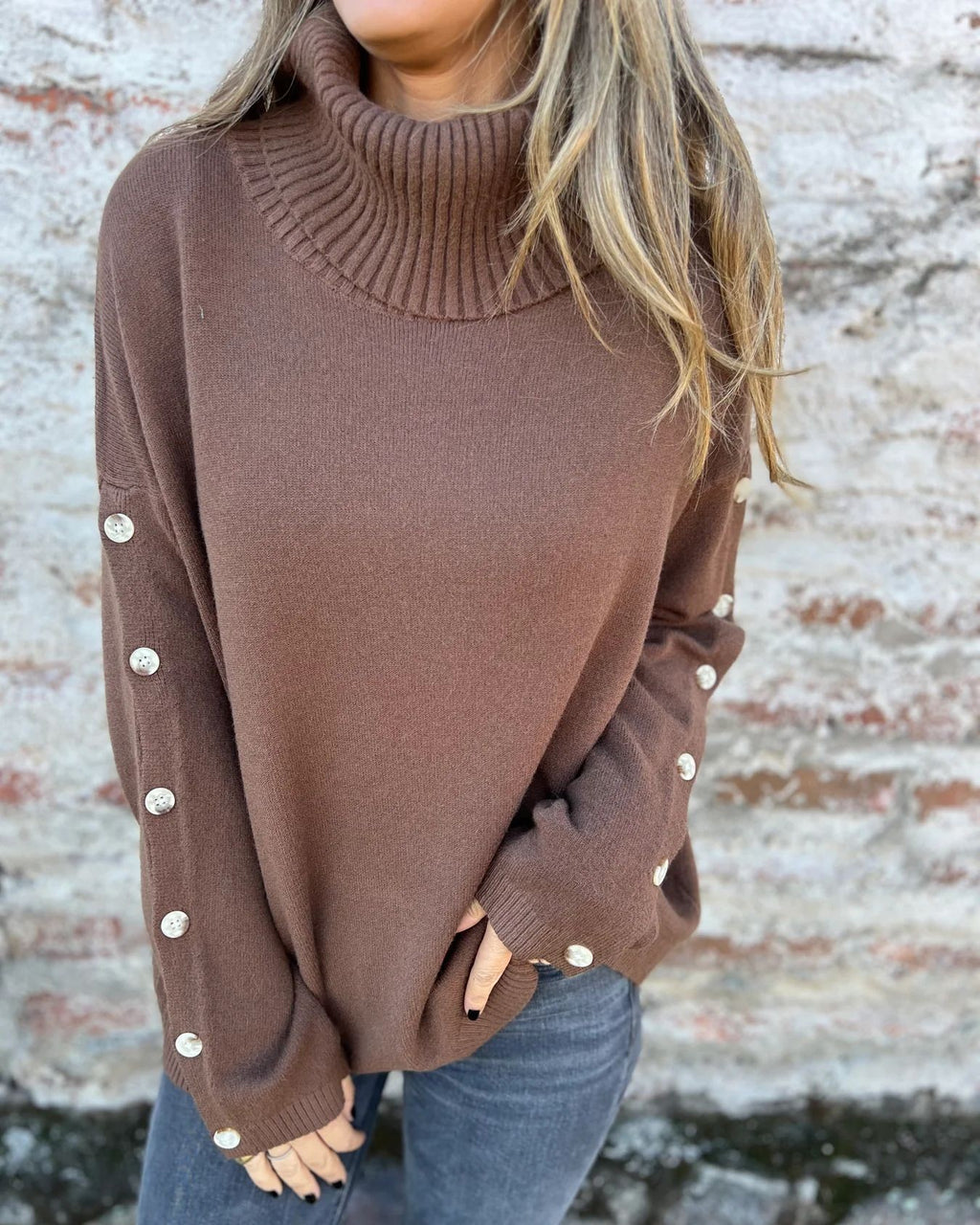Button Sleeve Turtleneck Knit Sweater - Dark-Brown