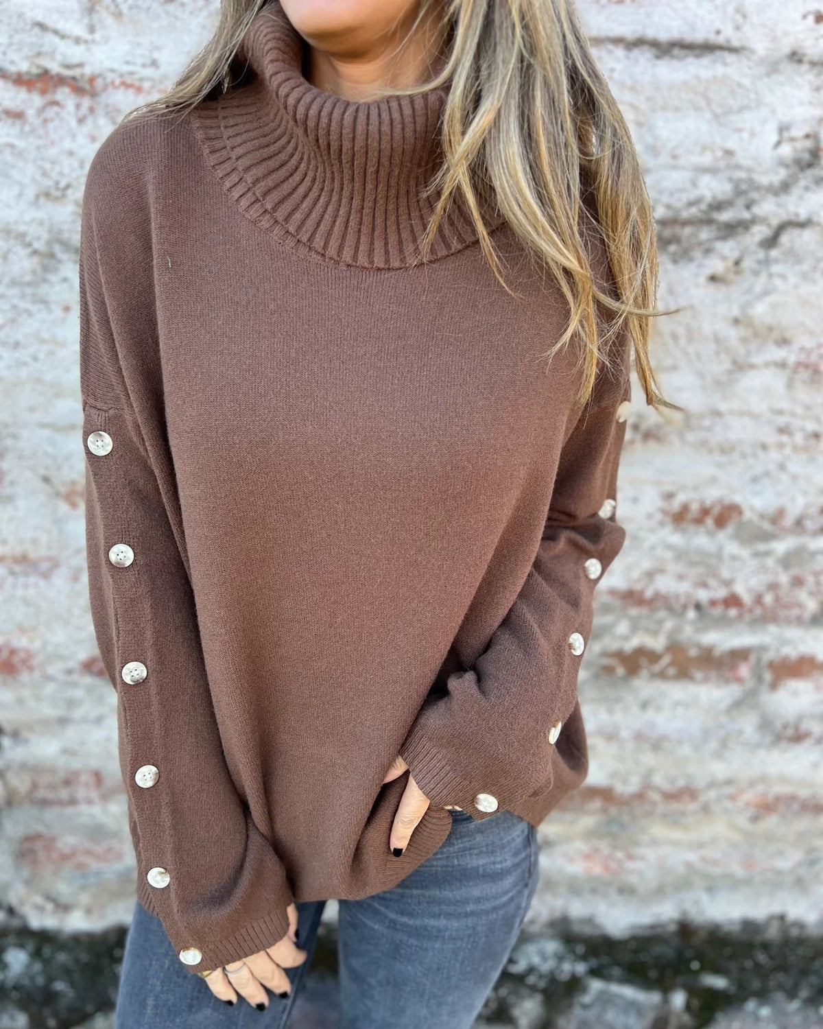 Button Sleeve Turtleneck Knit Sweater - Dark-Brown