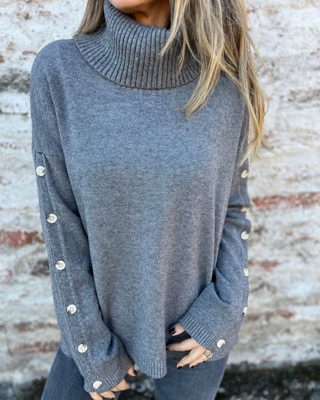 Button Sleeve Turtleneck Knit Sweater - Dark-Gray