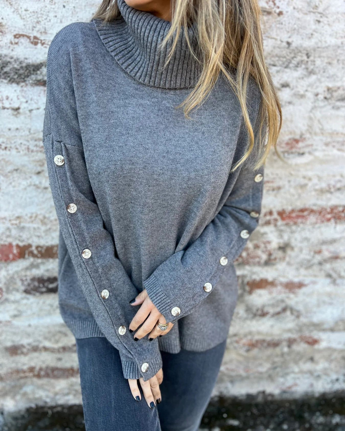 Button Sleeve Turtleneck Knit Sweater - Dark-Gray - 1
