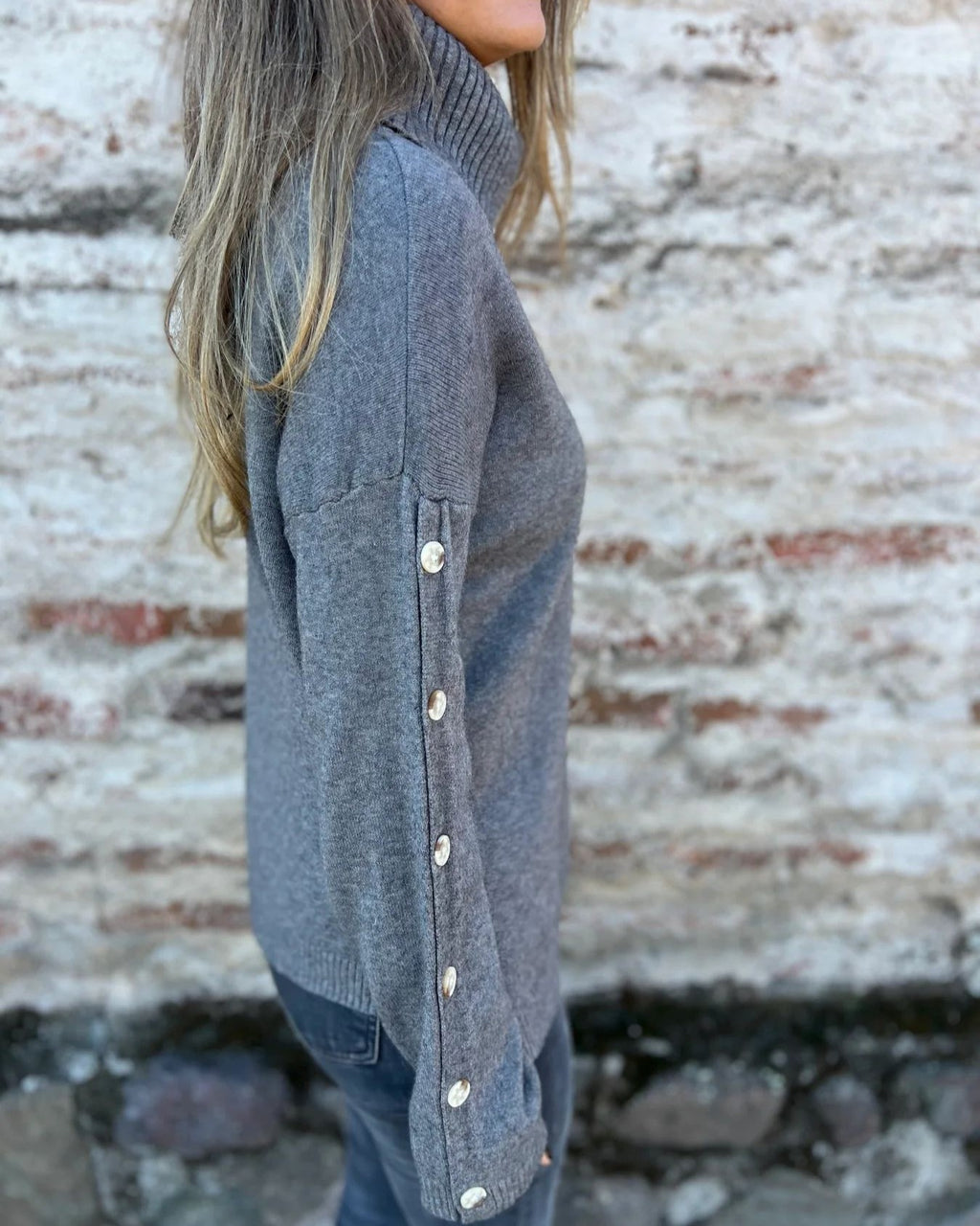 Button Sleeve Turtleneck Knit Sweater - Dark-Gray - 2