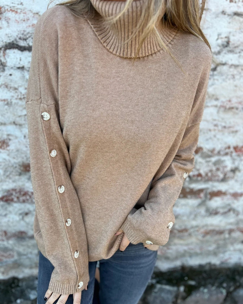 Button Sleeve Turtleneck Knit Sweater - Khaki