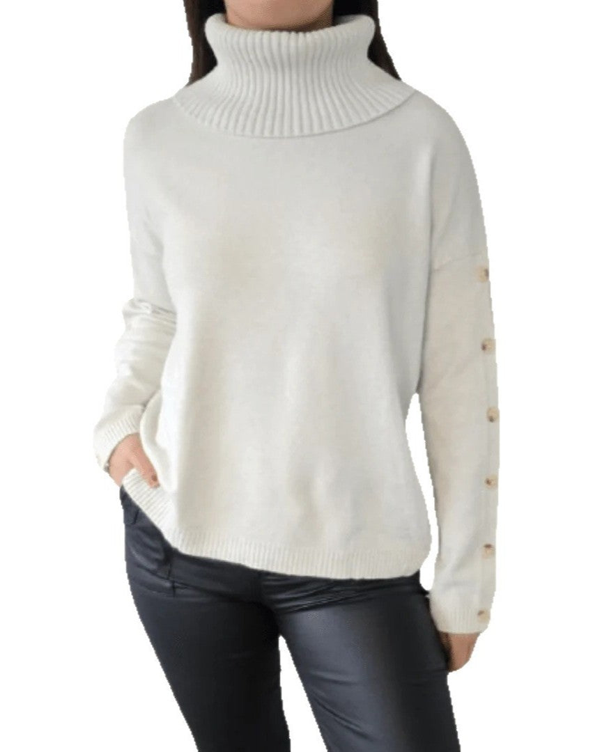 Button Sleeve Turtleneck Knit Sweater - White