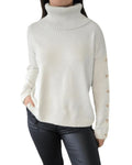 Button Sleeve Turtleneck Knit Sweater - White