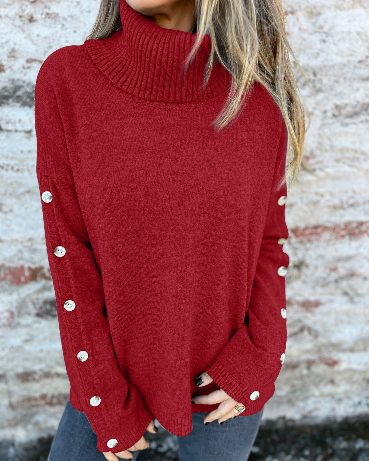 Button Sleeve Turtleneck Knit Sweater - Wine-Red