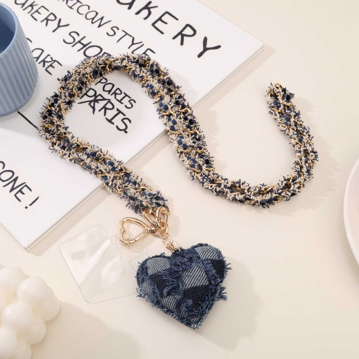 Frayed Woven Chain Phone Lanyard With Puffy Heart - Dark_Blue