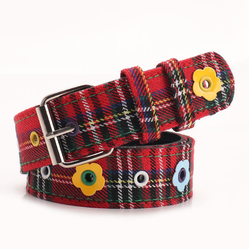 Daisy Studded Plaid Check Belt - Red