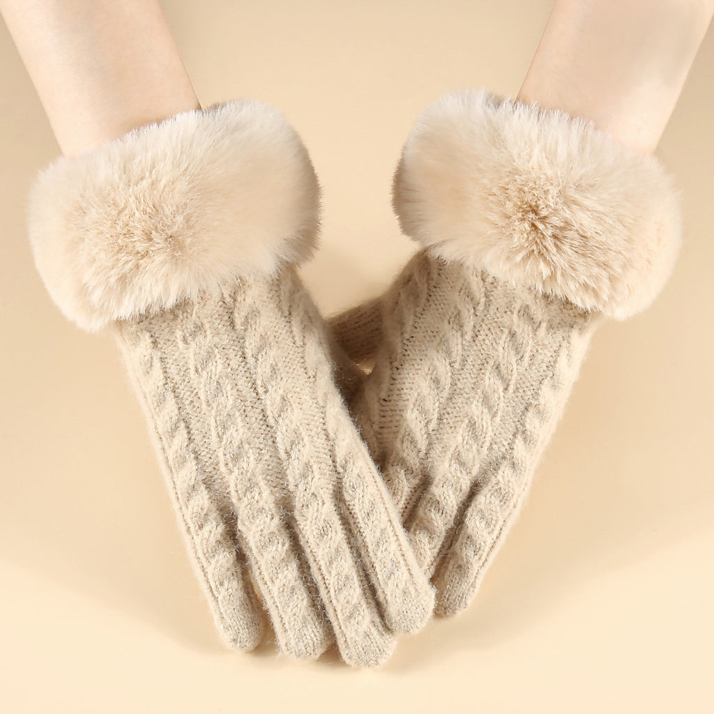 Fluffy Cuff Cable Knit Winter Gloves - Beige