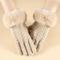 Fluffy Cuff Cable Knit Winter Gloves - Beige