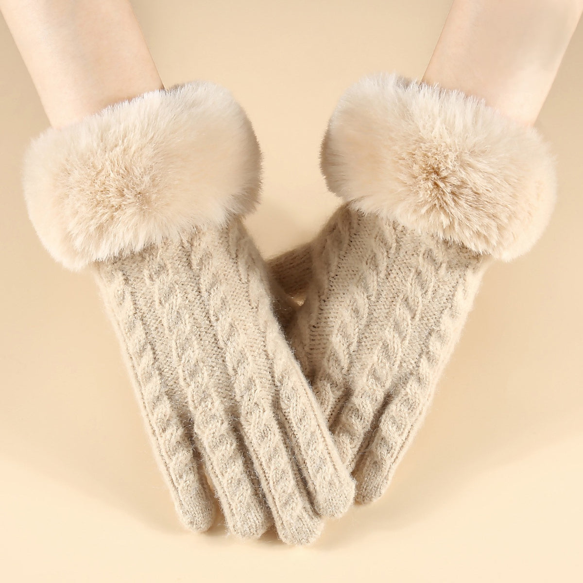 Fluffy Cuff Cable Knit Winter Gloves - Beige