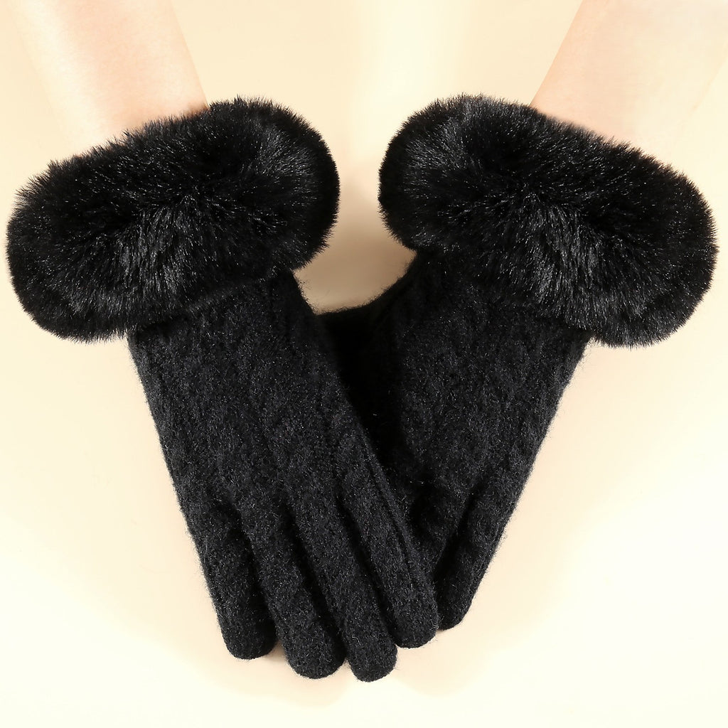 Fluffy Cuff Cable Knit Winter Gloves - Black