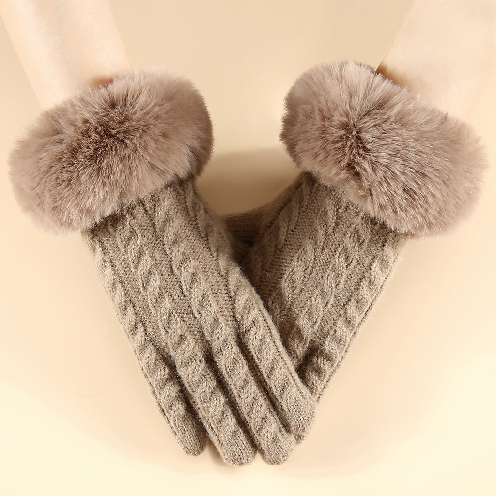 Fluffy Cuff Cable Knit Winter Gloves - Khaki
