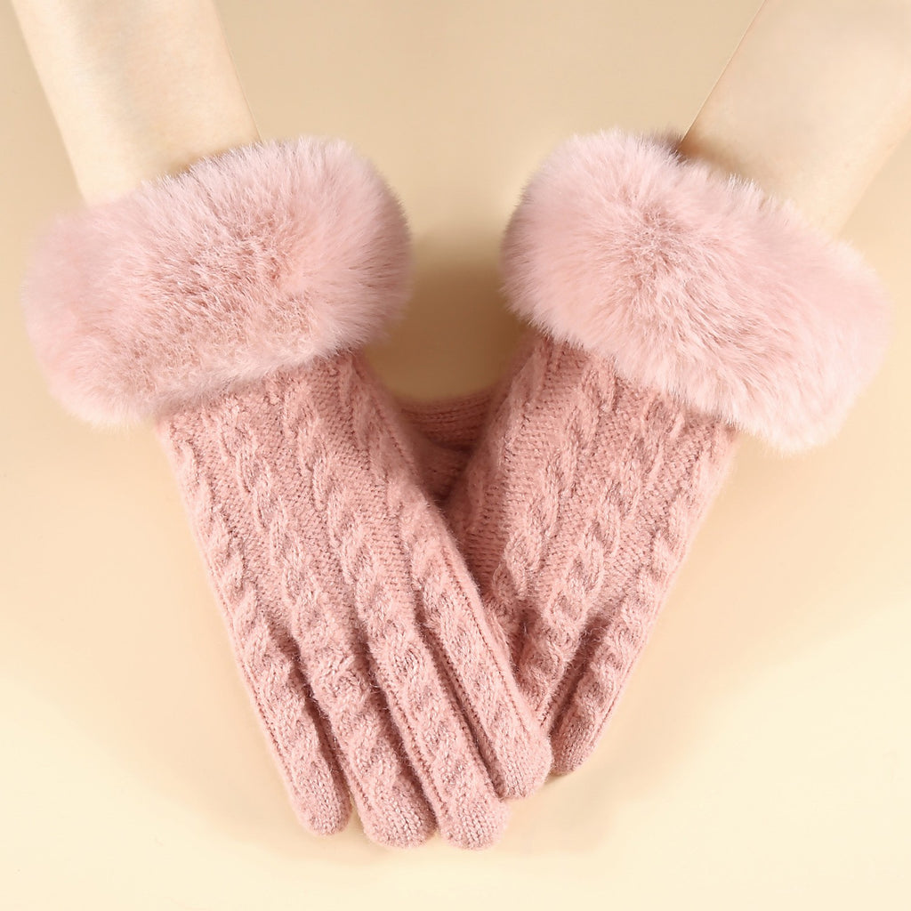 Fluffy Cuff Cable Knit Winter Gloves - Pink