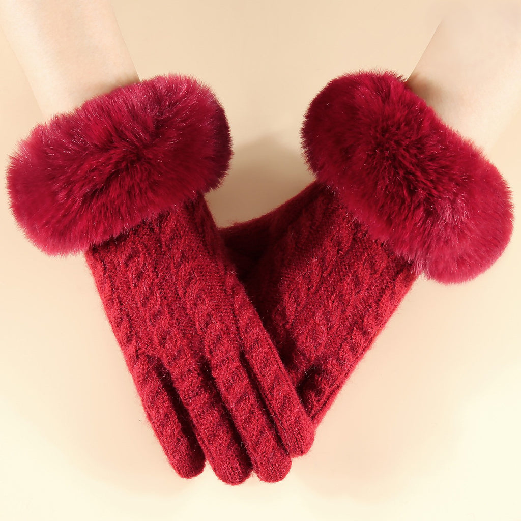 Fluffy Cuff Cable Knit Winter Gloves - Red