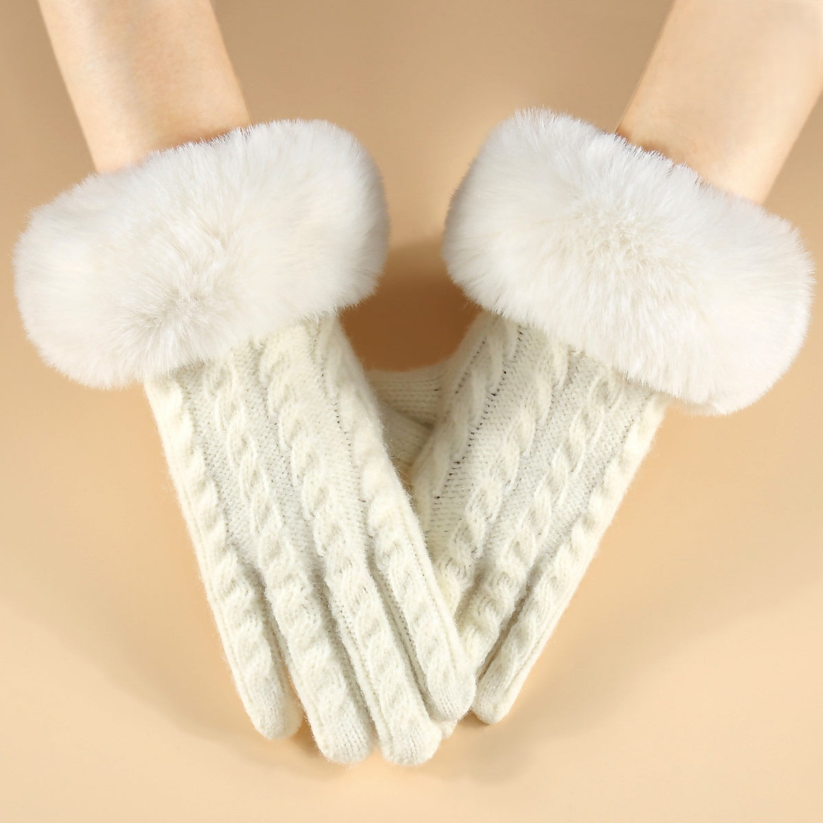Fluffy Cuff Cable Knit Winter Gloves - White