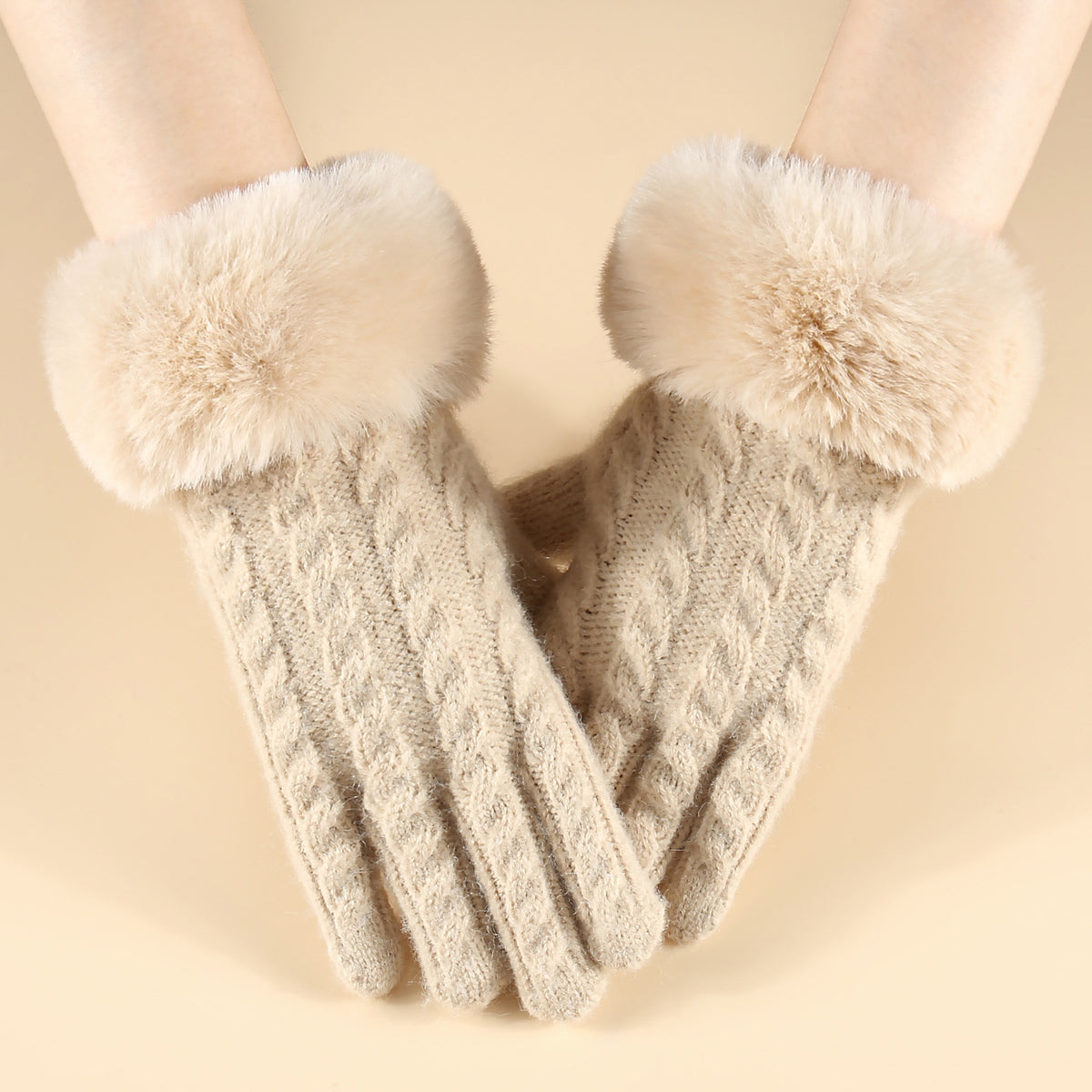 Fluffy Cuff Cable Knit Winter Gloves