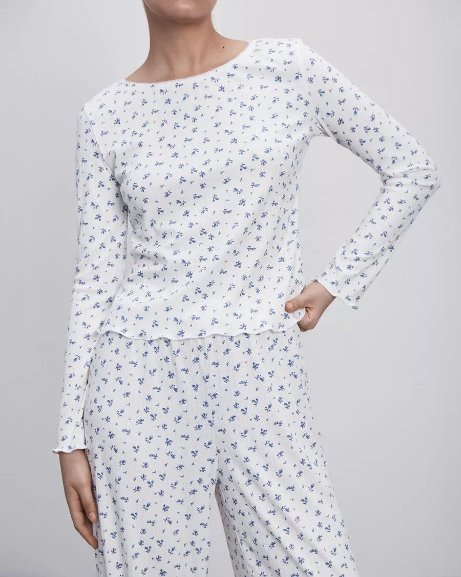 Ditsy Floral Lettuce Trim Pajama Set - Blue