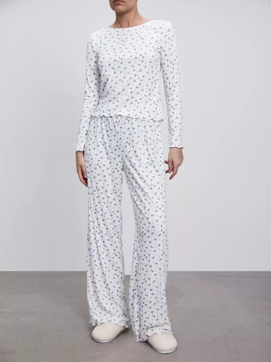 Ditsy Floral Lettuce Trim Pajama Set - Blue - 1
