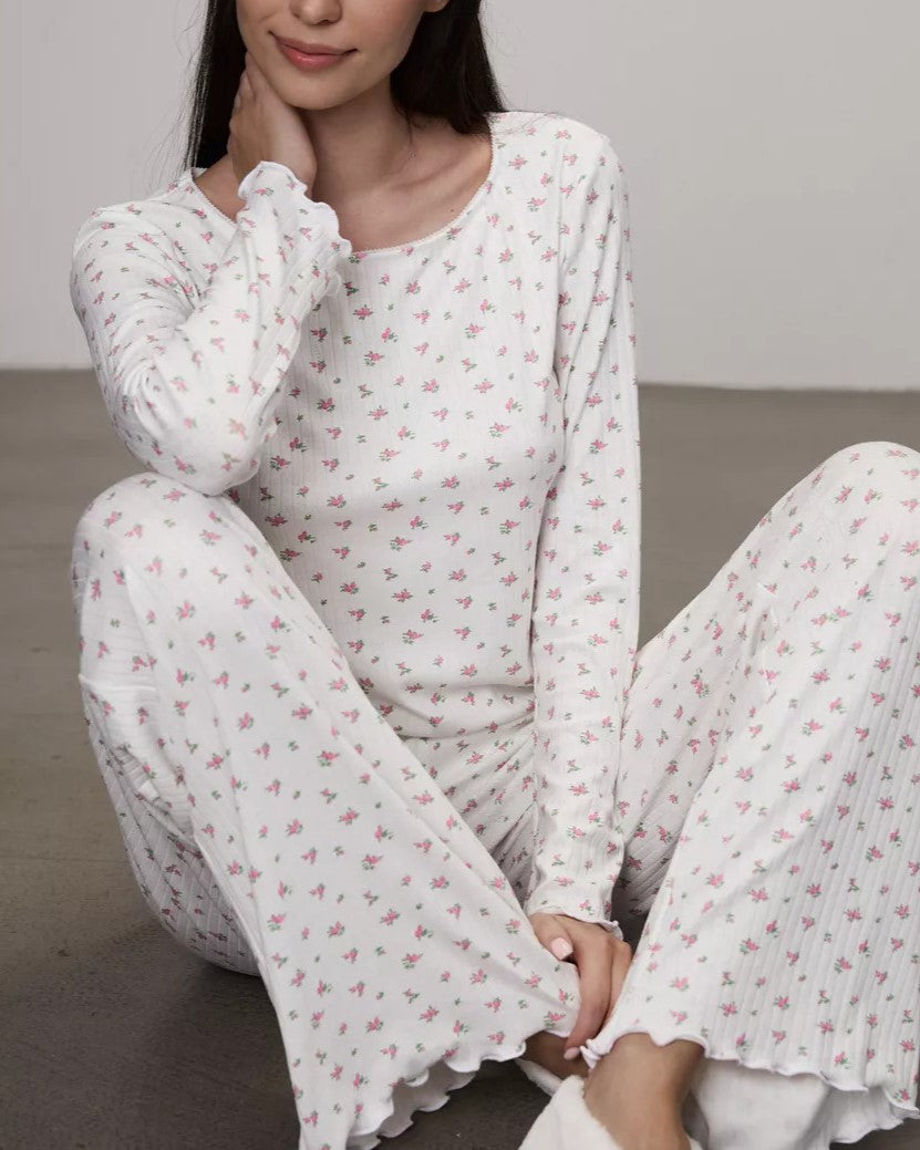 Ditsy Floral Lettuce Trim Pajama Set - Pink