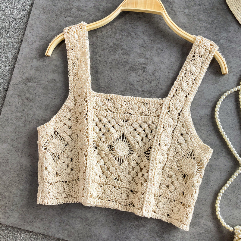 Square Neck Crochet Knit Crop Camisole - Beige - 1