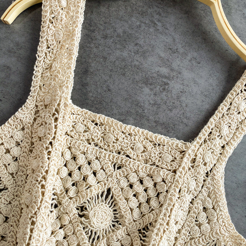 Square Neck Crochet Knit Crop Camisole - Beige - 2