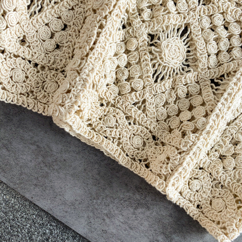 Square Neck Crochet Knit Crop Camisole - Beige - 3