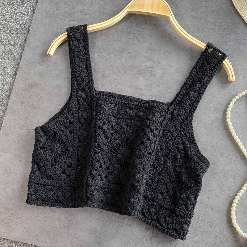 Square Neck Crochet Knit Crop Camisole - Black - 1