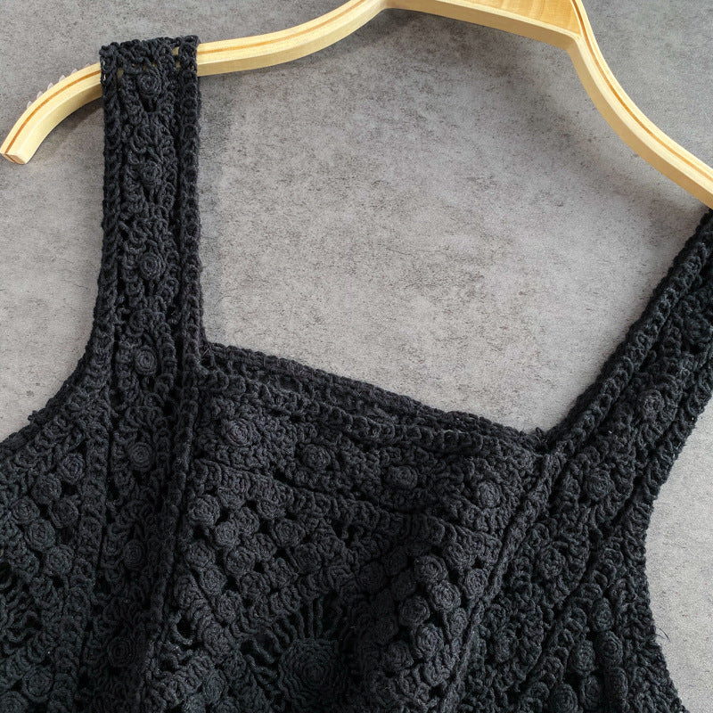Square Neck Crochet Knit Crop Camisole - Black - 2