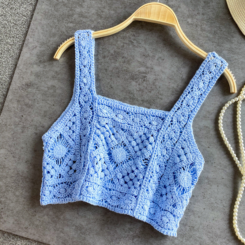Square Neck Crochet Knit Crop Camisole - Blue - 1