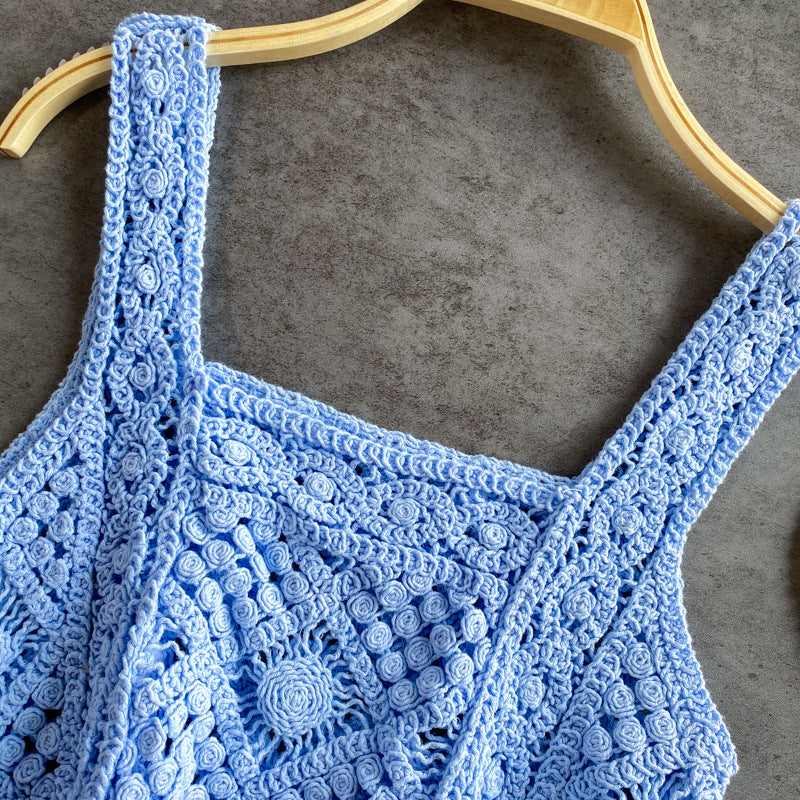 Square Neck Crochet Knit Crop Camisole - Blue - 2