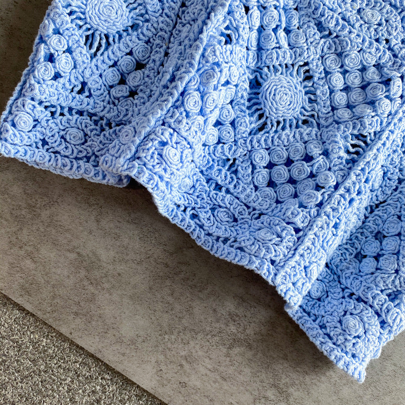 Square Neck Crochet Knit Crop Camisole - Blue - 3