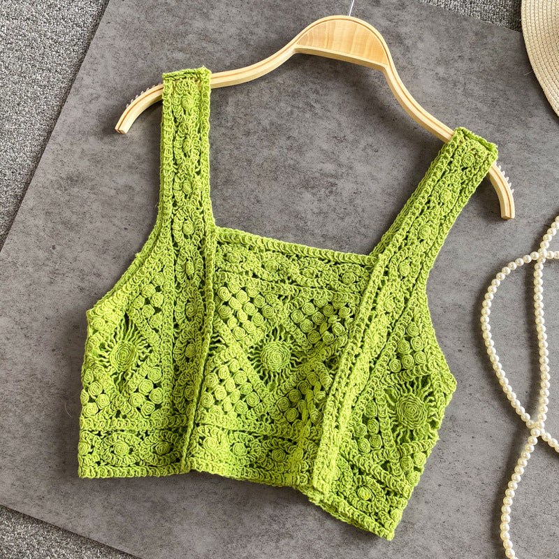Square Neck Crochet Knit Crop Camisole - Green