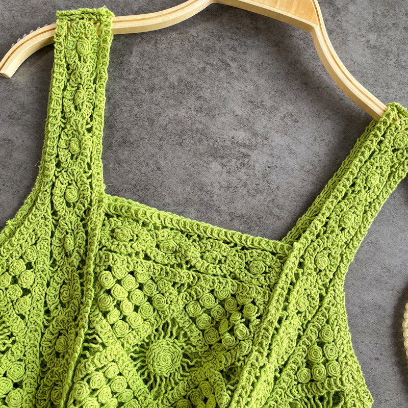 Square Neck Crochet Knit Crop Camisole - Green - 2