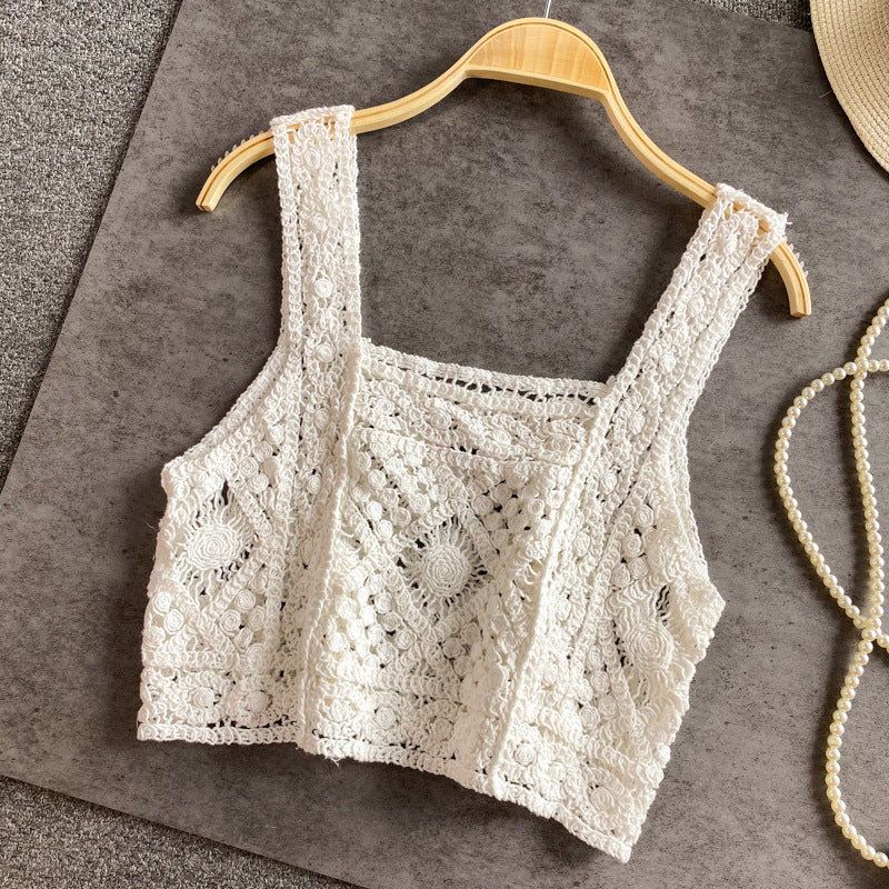 Square Neck Crochet Knit Crop Camisole - White