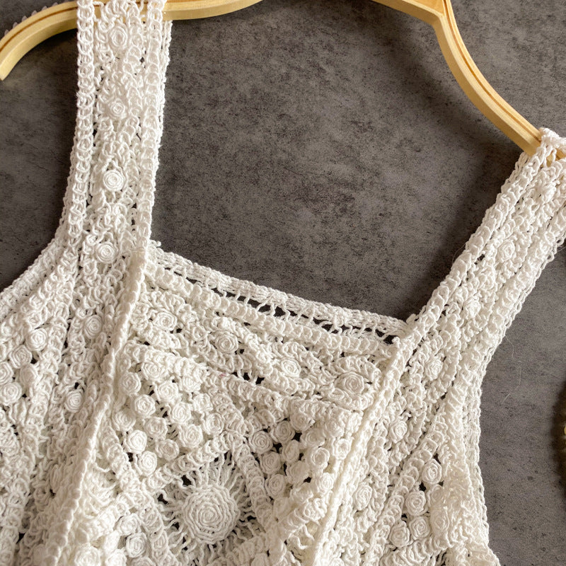 Square Neck Crochet Knit Crop Camisole - White - 2