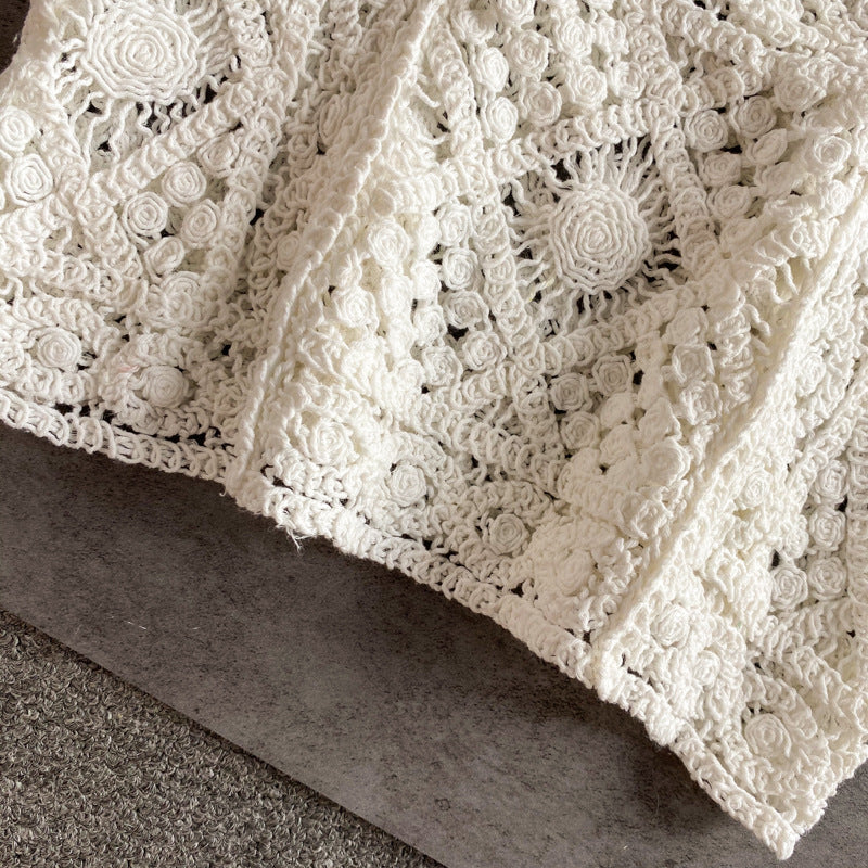 Square Neck Crochet Knit Crop Camisole - White - 3