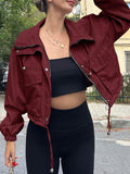 Cropped Cargo Zip Bomber Jacket - Wine