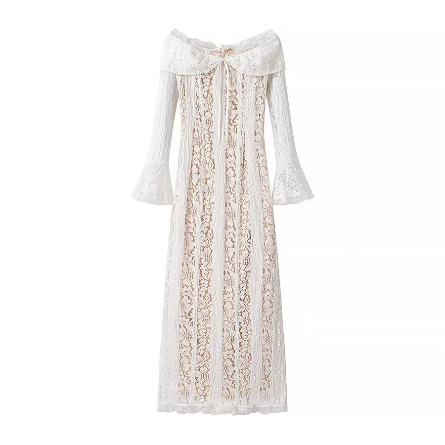 Off Shoulder Lace Flare Sleeve Maxi Dress - White
