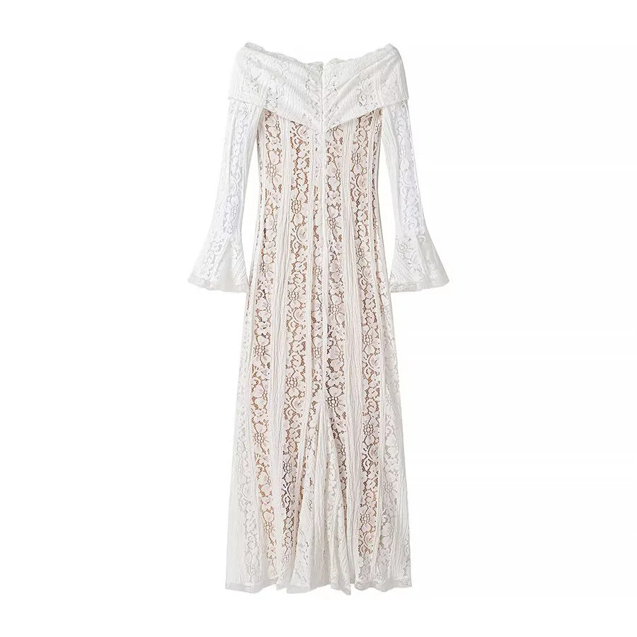 Off Shoulder Lace Flare Sleeve Maxi Dress - White - 1