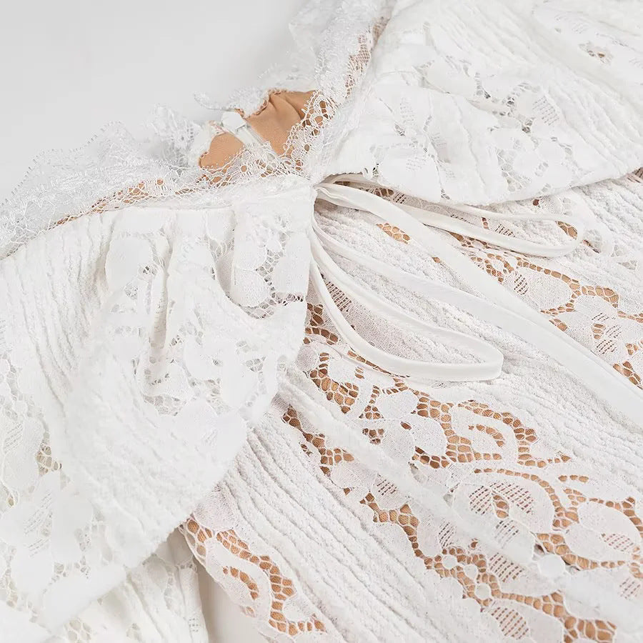 Off Shoulder Lace Flare Sleeve Maxi Dress - White - 2