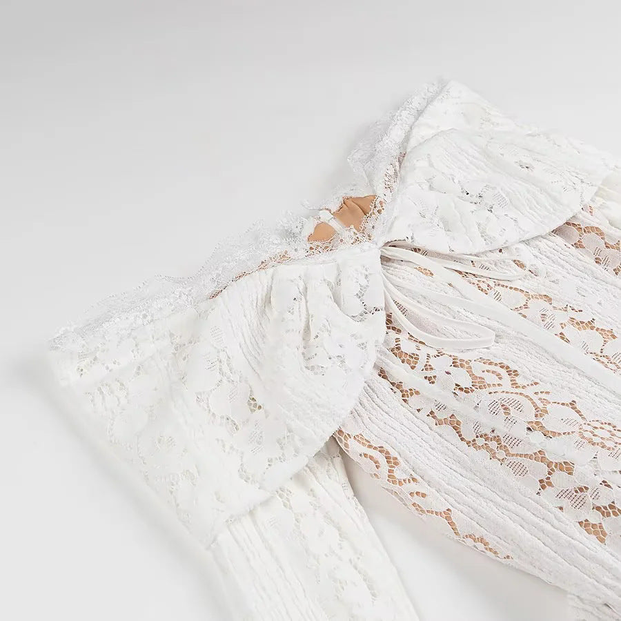 Off Shoulder Lace Flare Sleeve Maxi Dress - White - 3