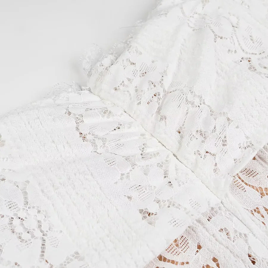Off Shoulder Lace Flare Sleeve Maxi Dress - White - 5