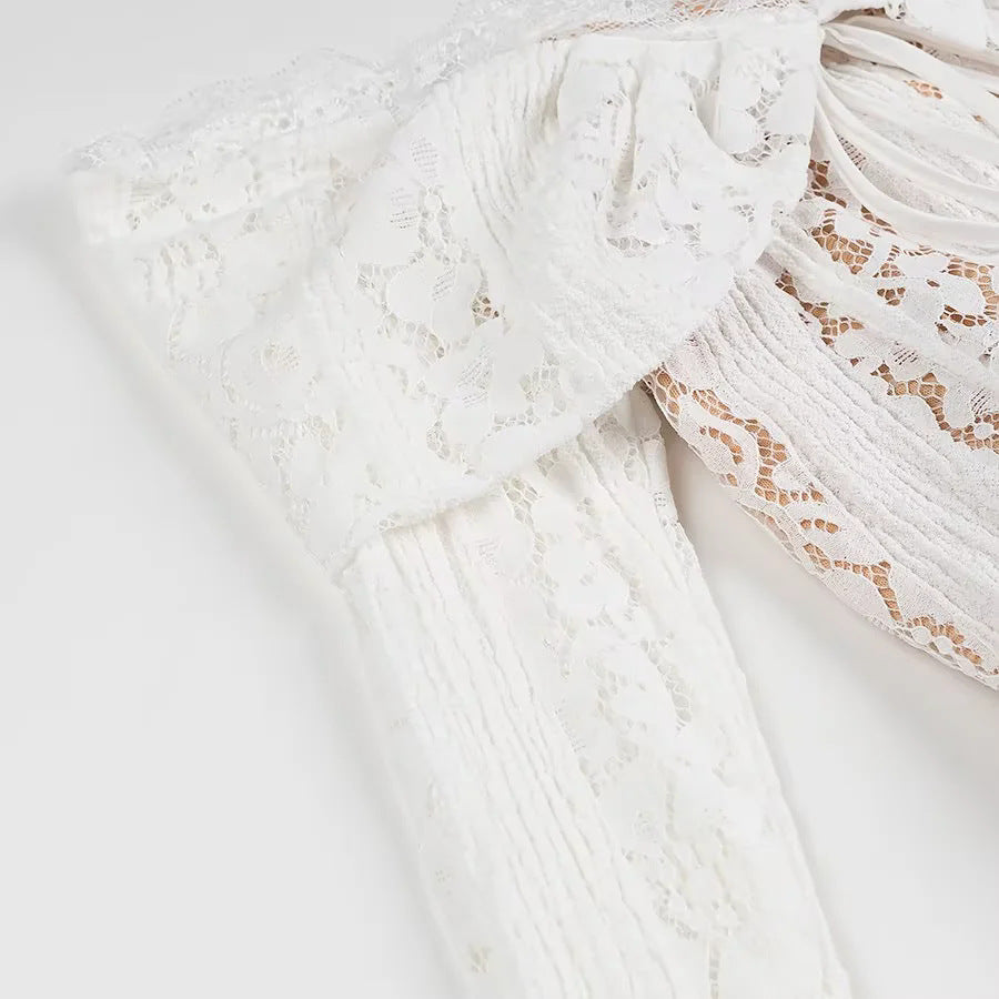 Off Shoulder Lace Flare Sleeve Maxi Dress - White - 9