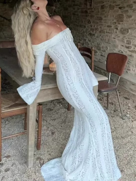 Off Shoulder Lace Flare Sleeve Maxi Dress