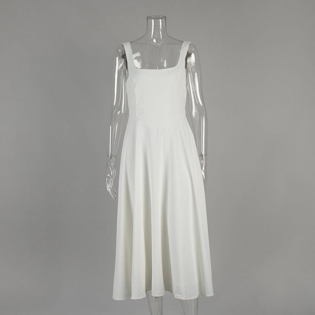 Square Neck Sleeveless Fit And Flare Midi Dress - White