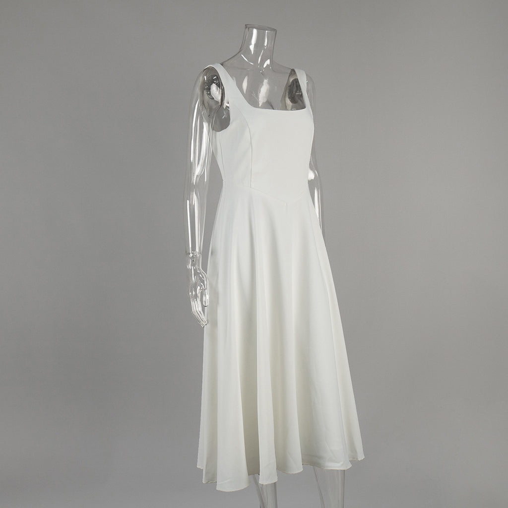 Square Neck Sleeveless Fit And Flare Midi Dress - White - 1