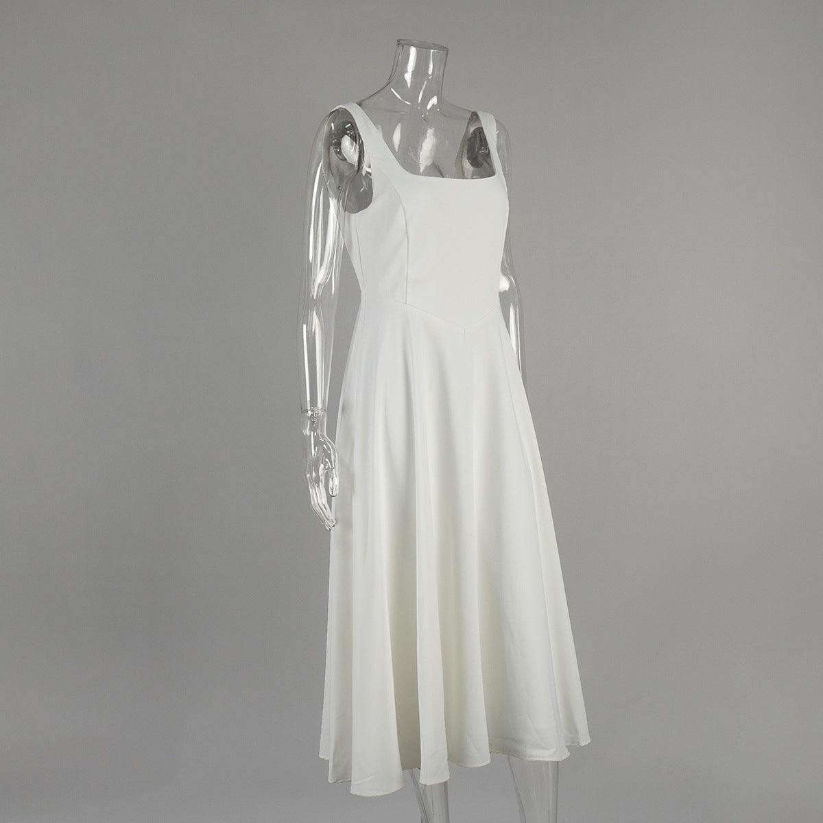 Square Neck Sleeveless Fit And Flare Midi Dress - White - 1